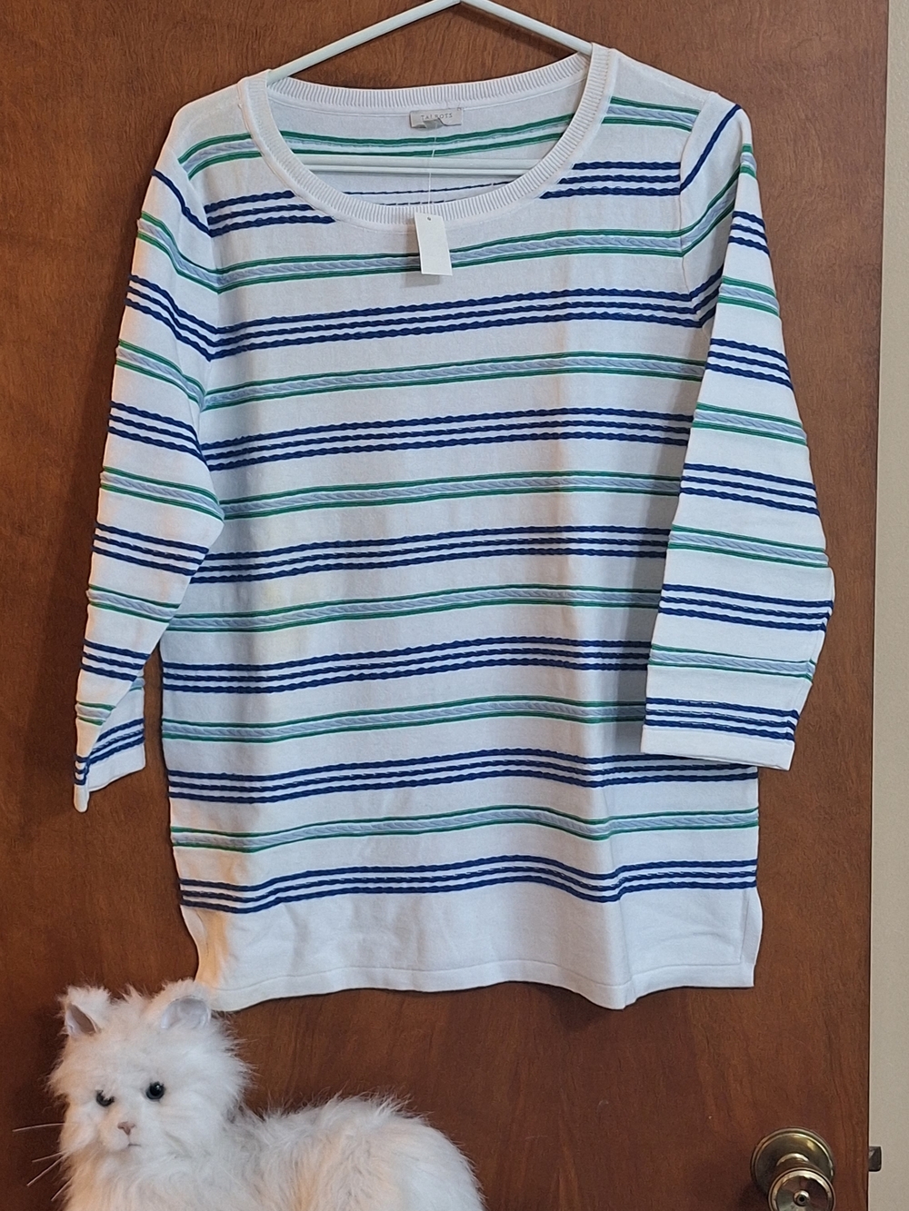 Talbots White Knit Top with Blue and Green Stripes - Crew Neck
